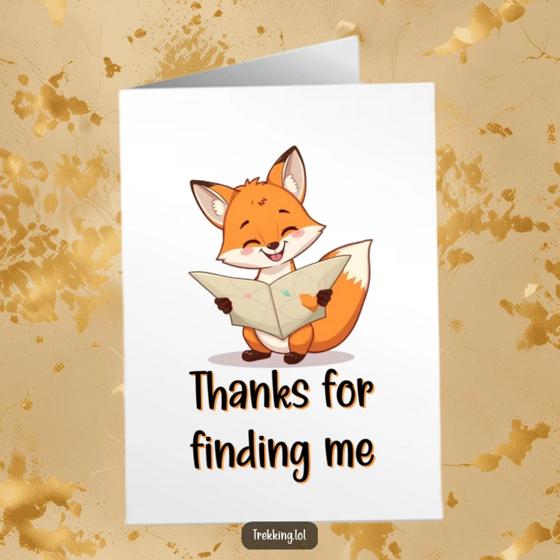 Funny free printable thank you card: A cheerful fox with a grin consults a large, unfolded map, expressing gratitude.