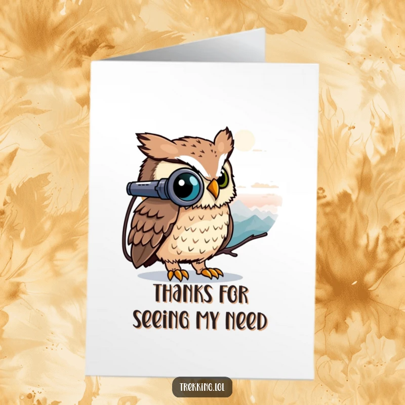 Funny Free Printable Thank You Card featuring a curious owl peeking through binoculars, spotting a distant peak to express deep gratitude.