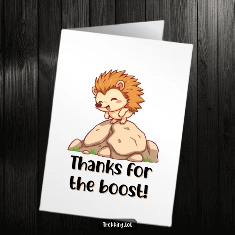 Funny Free Printable Hedgehog Thank You Card featuring a happy hedgehog scaling a rock face, expressing gratitude for help on life's journey.