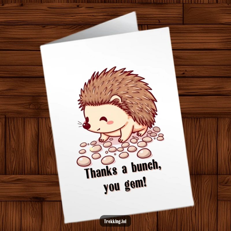 Funny Free Printable Thank You Card: Cheerful hedgehog on a sparkling pebble path, showing thanks.