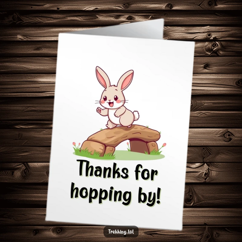 Funny Free Printable Thank You Card: Happy Rabbit Grinning, Hopping Over Bridge, Thankful Gesture!