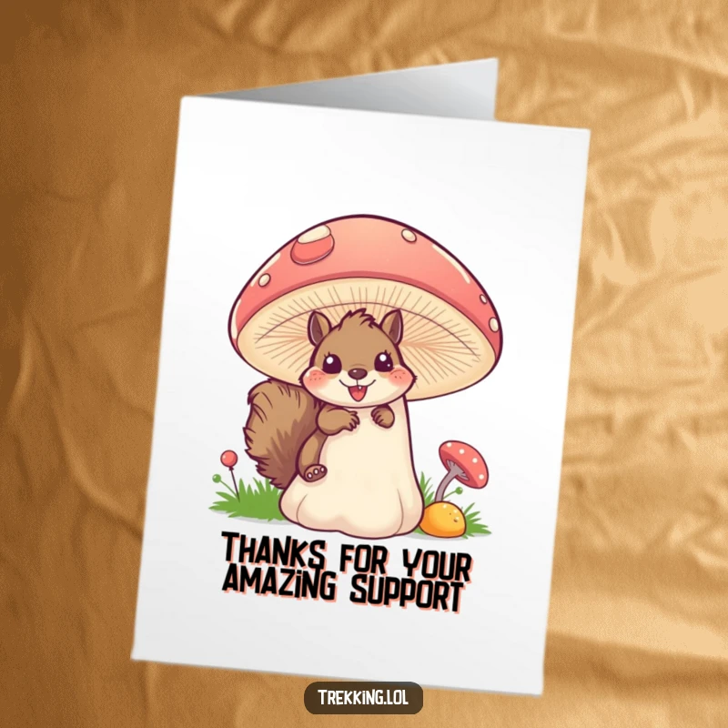 Funny Free Printable Thank You Card: Fluffy Squirrel Peeking Excitingly Behind Mushroom, A Thankful Surprise!