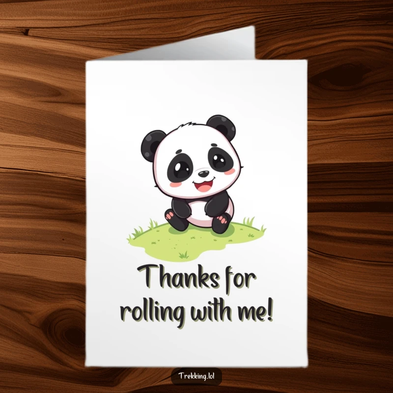 Funny Free Printable Thank You Card: A panda slides down a grassy slope with a look of pure glee. Expressing thanks joyfully.