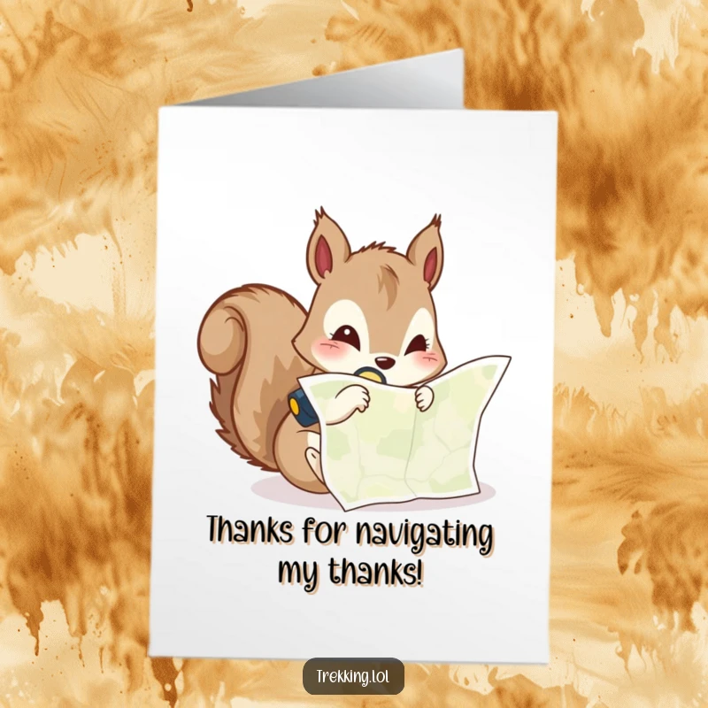 Funny Free Printable Thank You Card: Curious squirrel peering at a map with a headlamp, showing thoughtful guidance. A downloadable thank you.