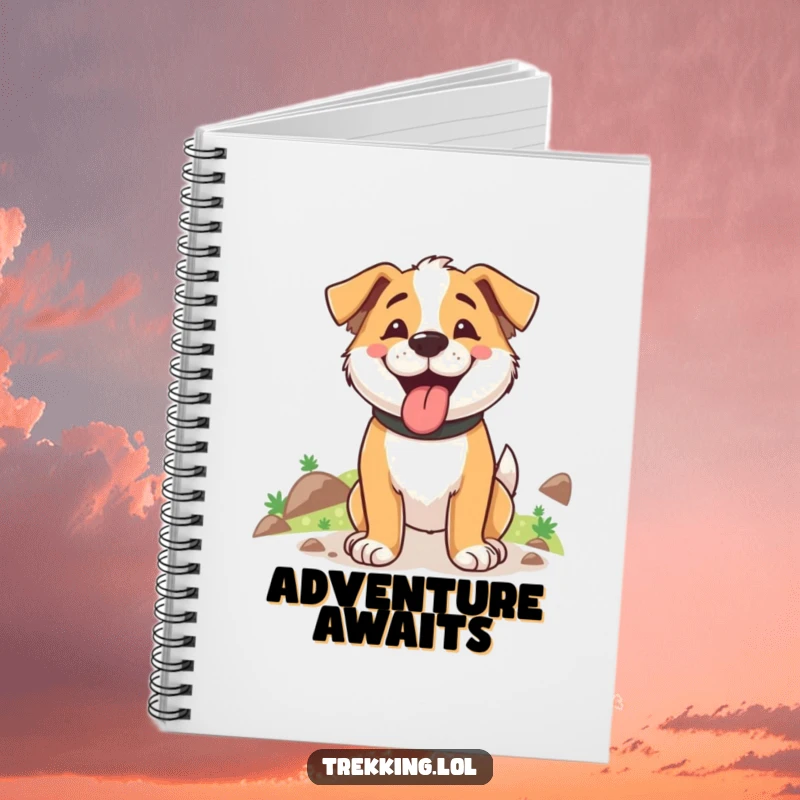 Funny notebook featuring a happy dog panting after an uphill trek, ideal for recording adventures and thoughts.