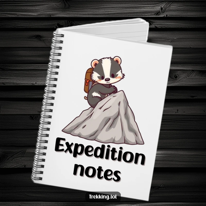Funny notebook featuring a determined badger scaling a miniature mountain with a tiny backpack, ideal for planning adventures.