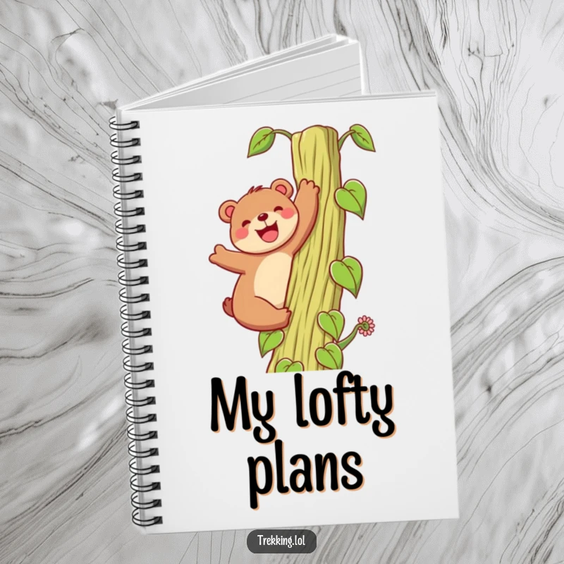 Funny Notebook: A happy bear enthusiastically climbs a towering beanstalk with a grin, perfect for jotting down ideas with whimsical inspiration.