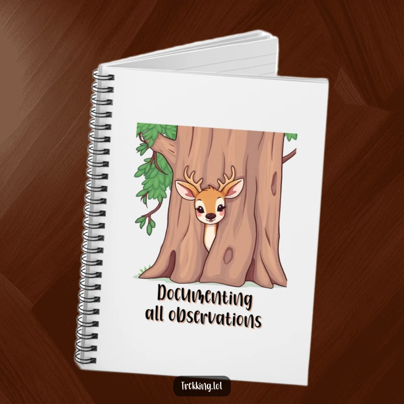 Funny notebook featuring a delighted deer peeking curiously from behind a tree, ideal for journaling.