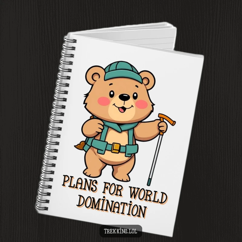 Funny determined bear enthusiastically using hiking poles on a notebook, motivational stationery.
