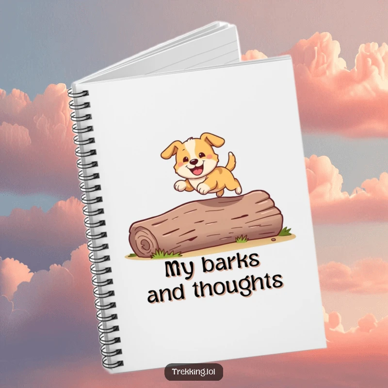 Funny notebook featuring a playful dog grinning as it bounds over a fallen log, ideal for jotting down fun.