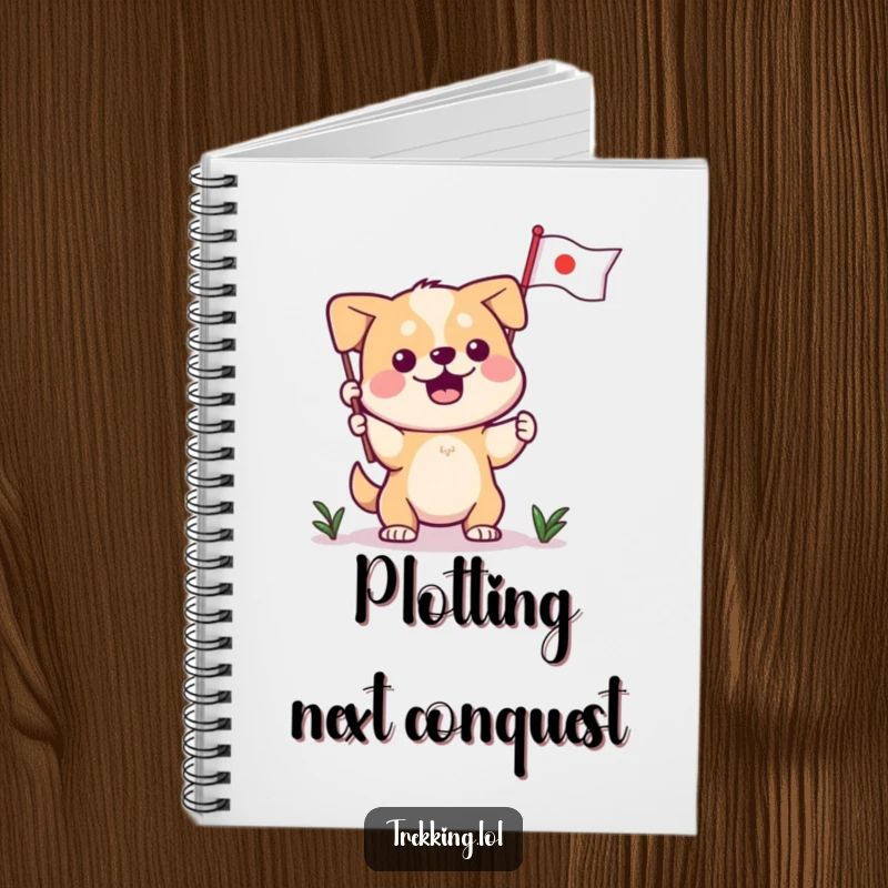 Funny dog notebook, a determined dog plants a flag on a notebook cover, symbolizing achievement and ideas.