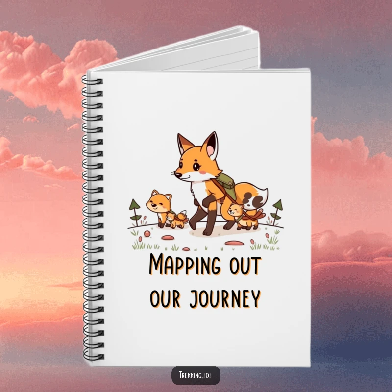 Funny notebook featuring a determined fox leading animals on a hike, perfect for jotting down expedition plans and notes.