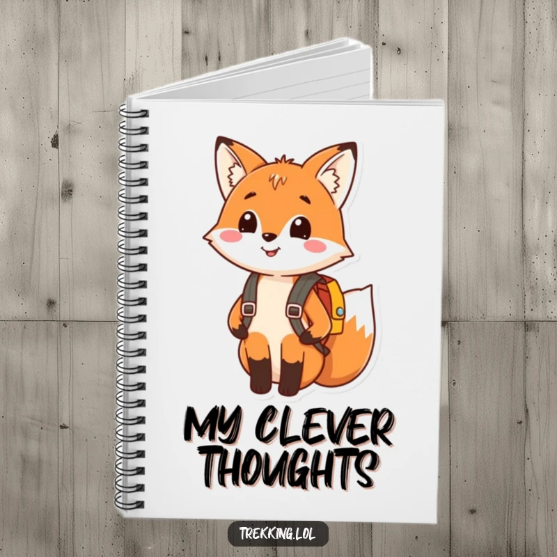 Funny notebook featuring a happy fox smiling and wearing a tiny backpack, perfect for journaling adventures and creative thoughts.