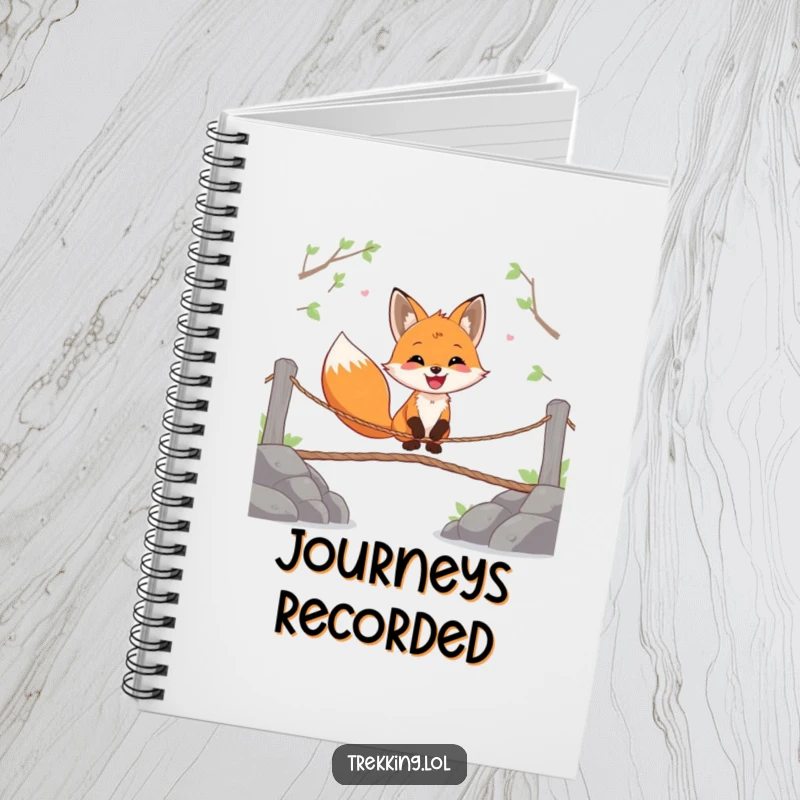 Funny notebook featuring a happy fox gleefully crossing a wobbly rope bridge, ideal for planning adventures.