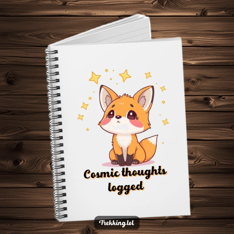 Funny Notebook featuring a curious fox looking up at scattered stars, ideal for writing notes with a sense of wonder and humor.