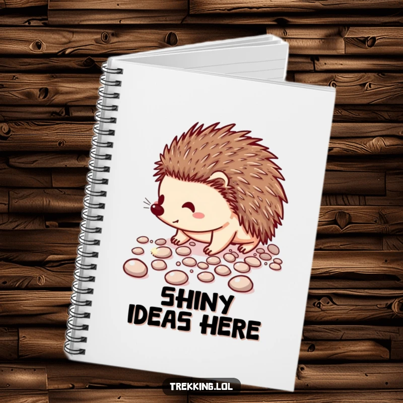 Funny notebook featuring a cheerful hedgehog carefully navigating a path of sparkling pebbles, ideal for journaling.