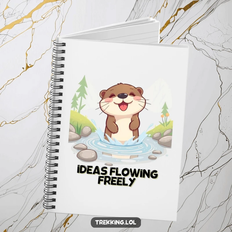 Funny notebook cover featuring a happy otter splashing playfully in a shallow mountain stream, perfect for writing.