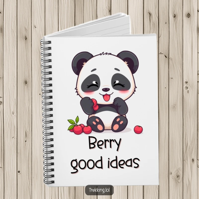 Funny panda notebook, a giggling panda character eating berries on a notebook cover.