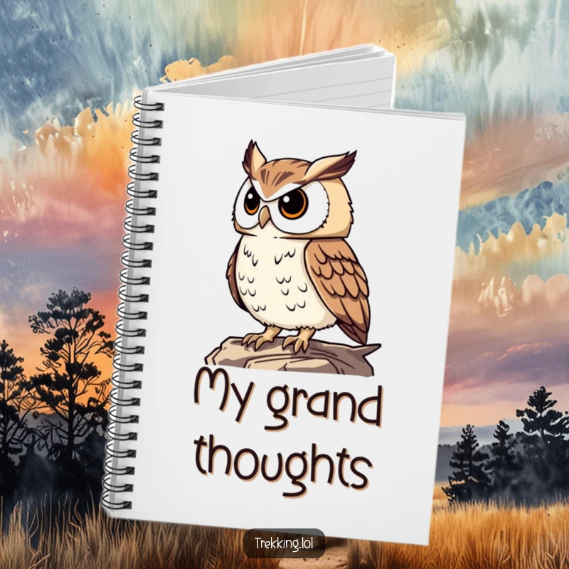 Funny proud owl surveying the landscape from a high perch, on the cover of a notebook for humorous and wise note-taking.
