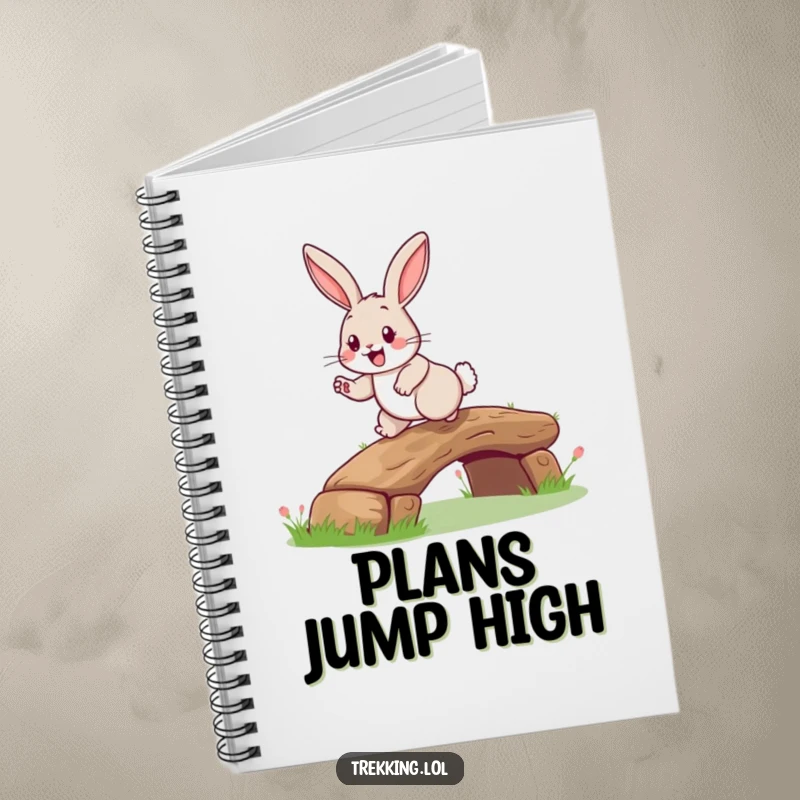 Funny rabbit log bridge notebook featuring a happy rabbit with a grin, hopping over a tiny log bridge, perfect for journaling.