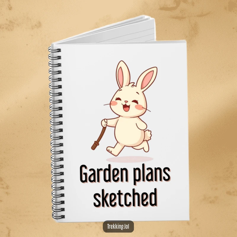 Funny notebook featuring a cheerful rabbit joyfully skipping and holding a walking stick, perfect for journaling happy thoughts.