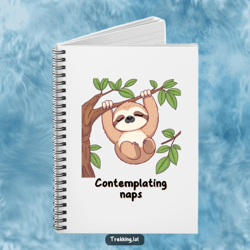 Funny notebook featuring a sleepy sloth hanging from a branch, enjoying a serene view, ideal for journaling.