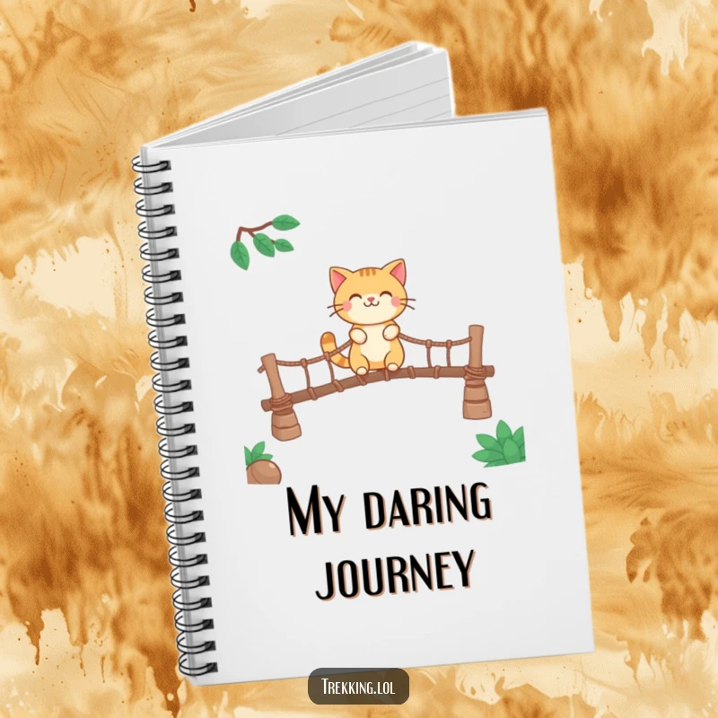 Funny notebook with a smiling cat character crossing a rickety rope bridge, perfect for jotting down adventurous notes.