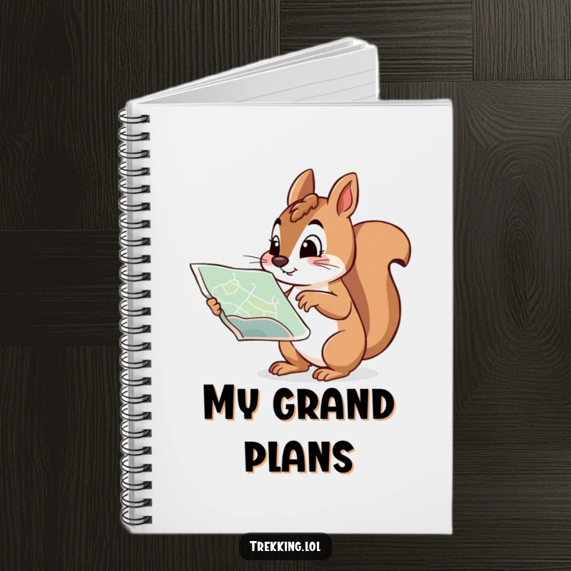 Funny notebook with a curious squirrel pointing at a map with a determined expression, ready to log epic adventures.