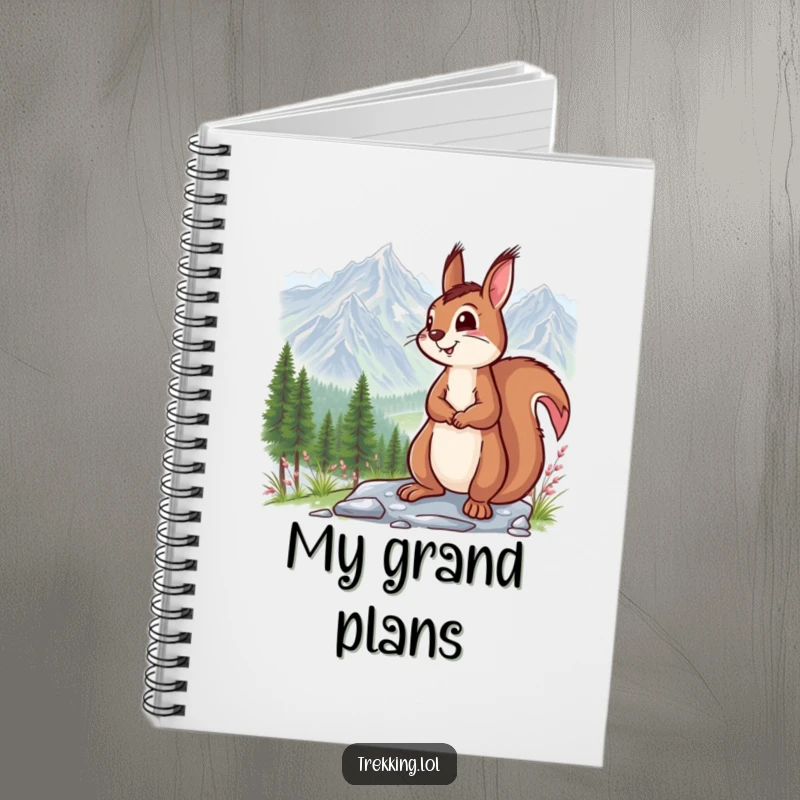 Funny notebook with a smiling squirrel pausing to admire a breathtaking mountain vista, encouraging creative writing and outdoor inspiration.