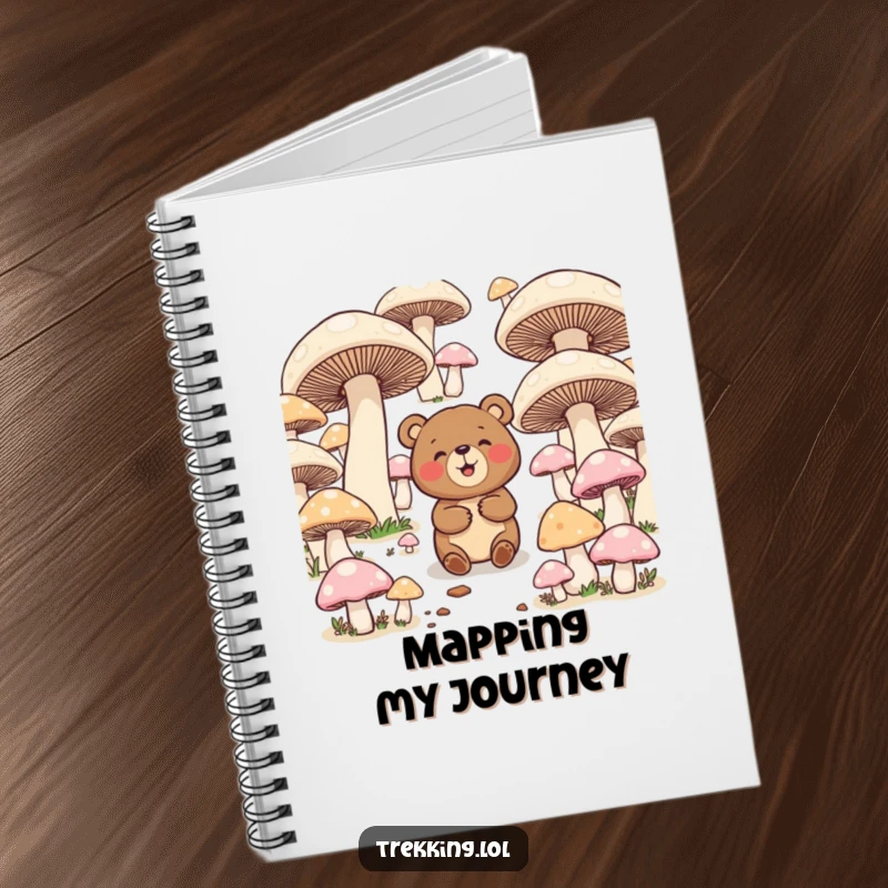 Funny notebook featuring a giggling bear navigating a maze of giant mushrooms, designed for jotting down thoughts and plans.