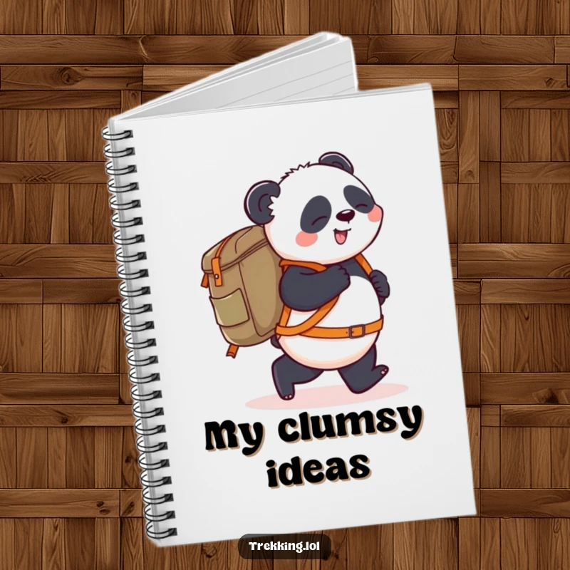 Funny Notebook: A playful panda carries a giant backpack, stumbling slightly forward, perfect for jotting down ideas with humorous travel inspiration.