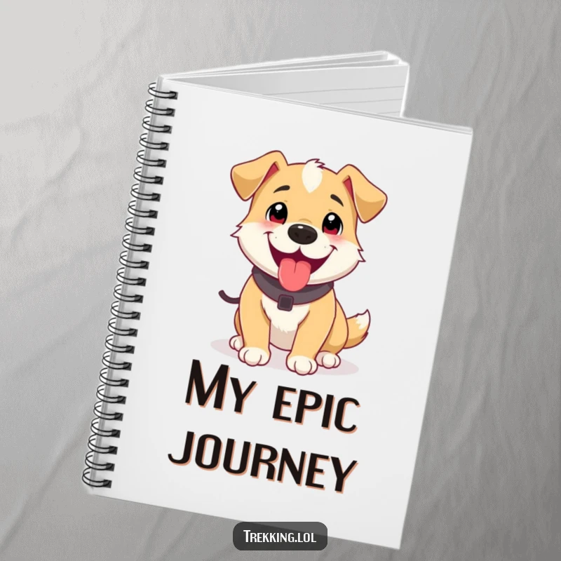Funny notebook featuring a happy, panting dog after a short trek, perfect for logging ideas and adventures with a humorous touch.