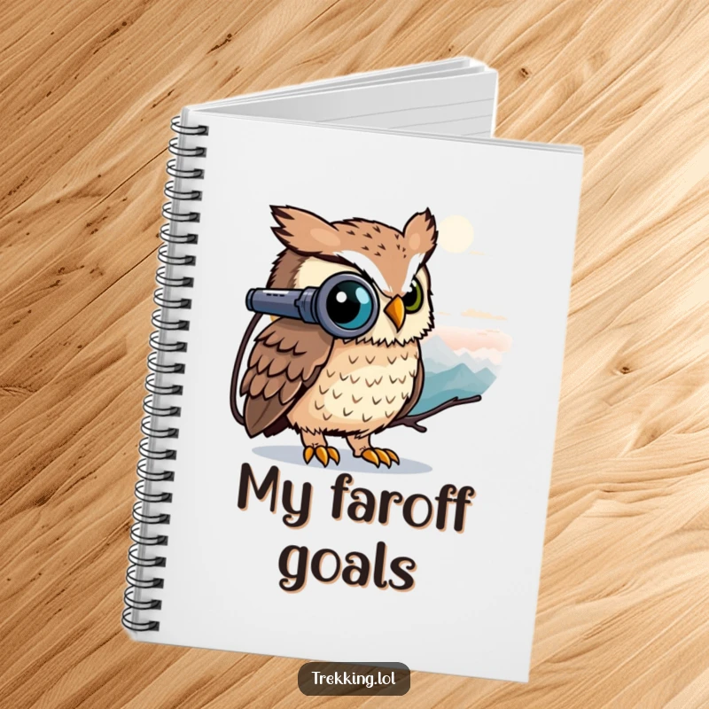 Funny owl peeking through binoculars at a distant peak, ready to record findings, on a funny notebook.