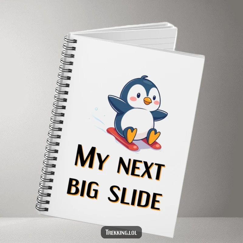 Funny notebook cover with a determined penguin exhilarated while sliding down a snow-covered slope, ideal for jotting down exciting ideas.