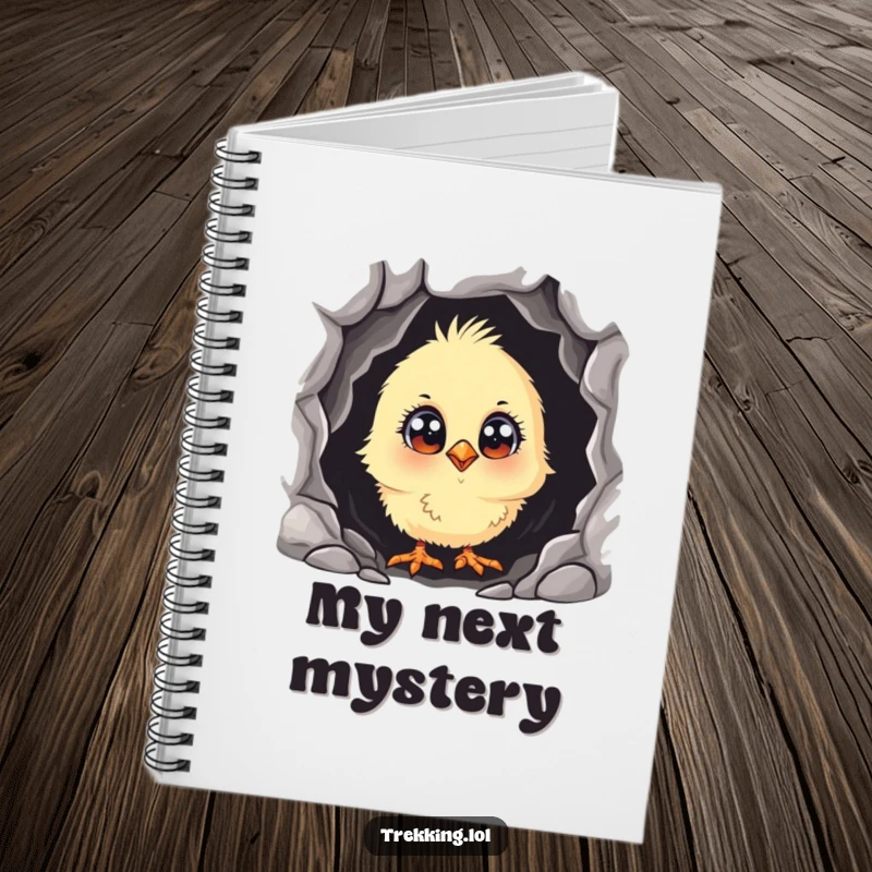 Funny curious chick with wide eyes, peeking into a dark cave, on the cover of a notebook for humorous and curious note-taking.