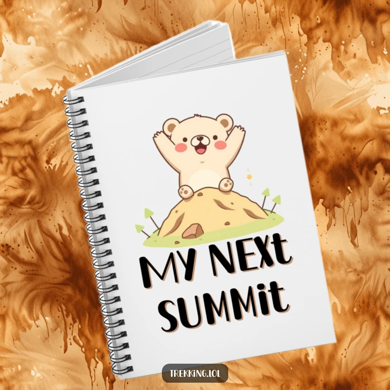 Funny notebook cover with a happy bear cheering after reaching a small hill, perfect for logging thoughts with motivational and humorous flair.