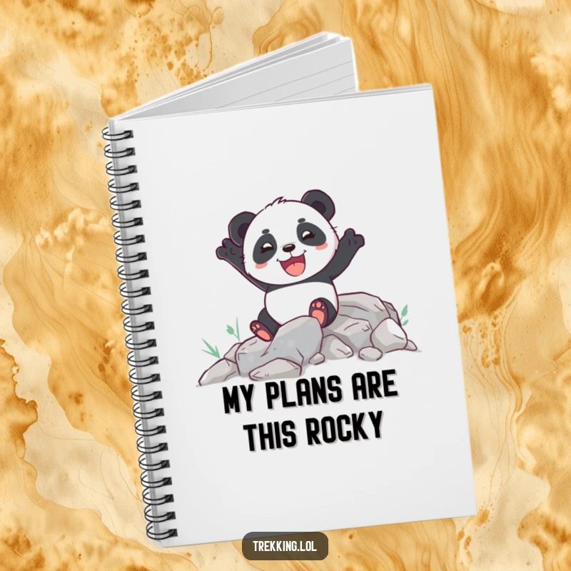 Funny notebook featuring an enthusiastic panda joyfully navigating a rocky path, ideal for journaling adventures.