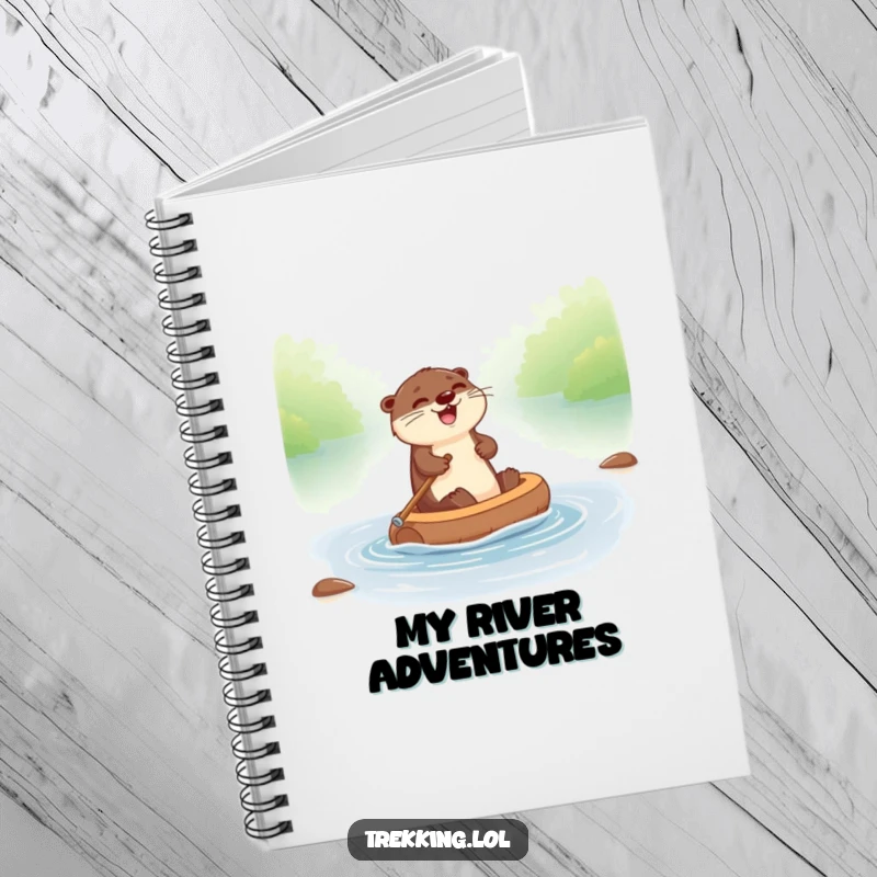Funny otter notebook showing a giggling otter paddling a tiny raft down a river, perfect for note-taking.