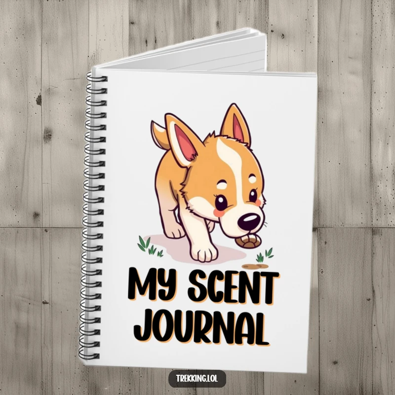 Funny notebook cover featuring a happy dog intently sniffing the ground, ready to follow any trail of thought or inspiration.
