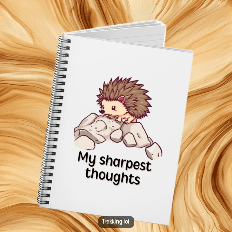 Funny notebook cover featuring a determined hedgehog carefully navigating over rocky terrain, perfect for jotting down notes.