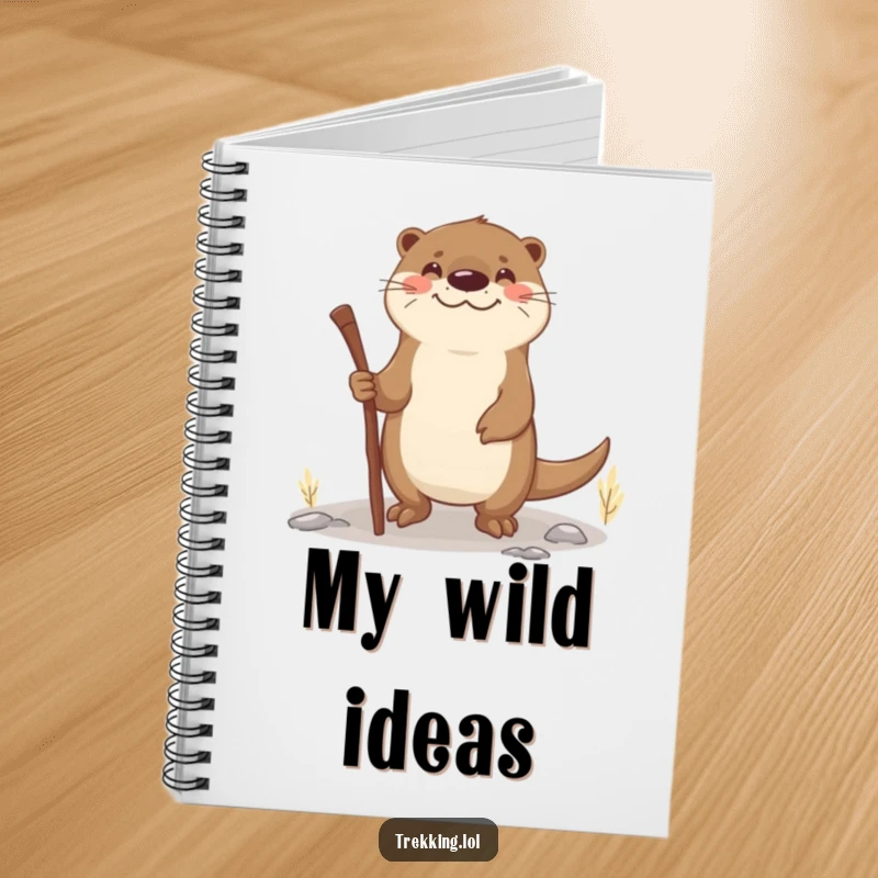 Funny otter walking stick notebook featuring a smiling otter using a stick as a walking aid on uneven terrain, perfect for journaling.
