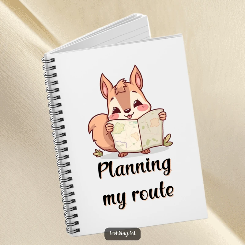 Funny notebook with a curious squirrel character studying a map, perfect for jotting down notes and humorous observations.