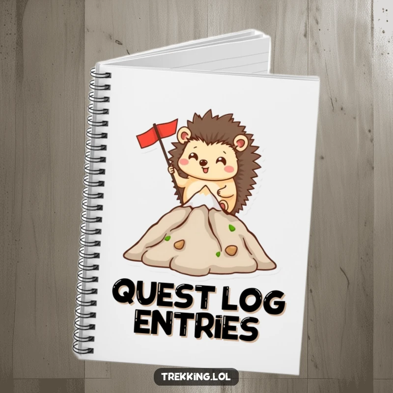 Funny notebook cover with a happy hedgehog planting a flag on a miniature mountain, ideal for goal-oriented notes.