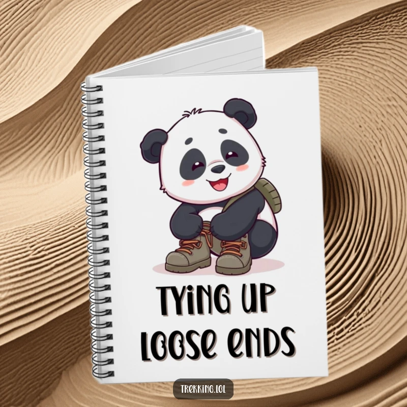 Funny panda notebook cover art of a panda tying its hiking boot laces, ready for an outdoor excursion.