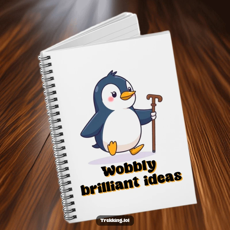 Funny penguin character waddling with a walking stick, on the cover of a notebook, great for writing.