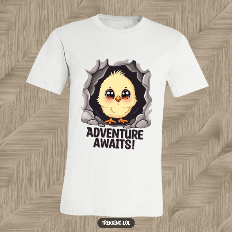 Funny curious chick with wide eyes, peeking into a dark cave, on a comfortable t-shirt, perfect for humorous discovery.