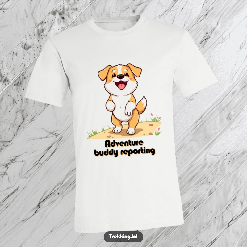 Funny T-Shirt displaying a delighted dog panting happily with its tail wagging on a scenic trail, perfect for outdoor dog lovers.