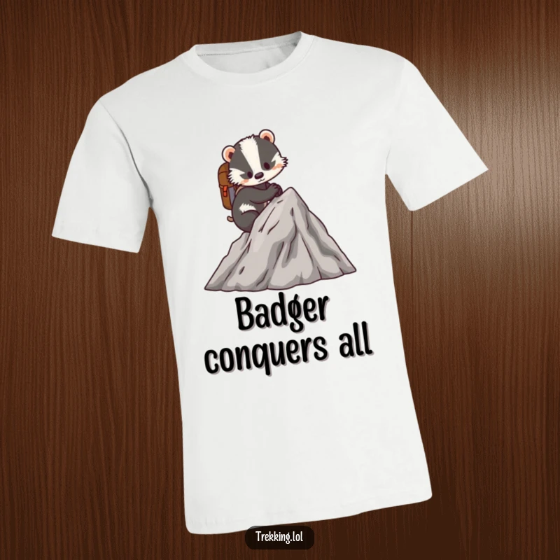 Funny t-shirt with a determined badger scaling a miniature mountain with a tiny backpack, embodying courage and a love for challenges.