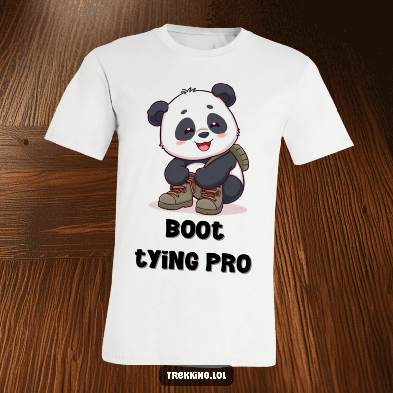 Funny panda t-shirt art of a happy panda focused on tying the laces of its hiking boots, preparing for a trek.