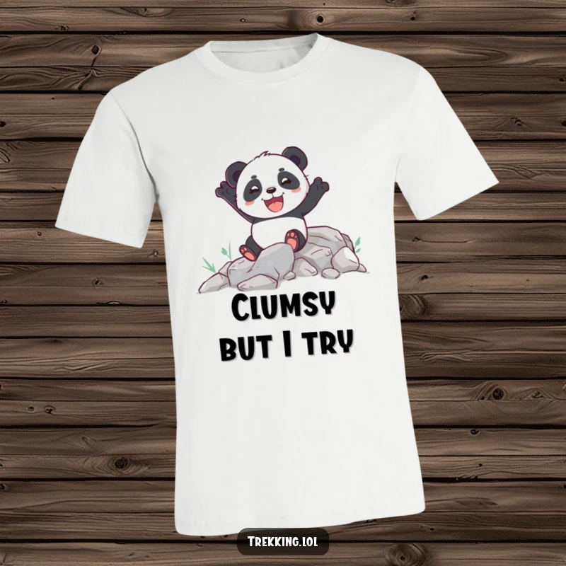 Funny t-shirt showing an enthusiastic panda joyfully tackling a rocky path, perfect for active wear.